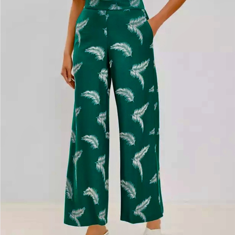 LOFT Teal Trousers with White Fern Design